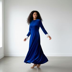 Vintage Lorrie Deb Royal Blue Long Sleeve Velvet Dress with Lace Cuffs - Size 4